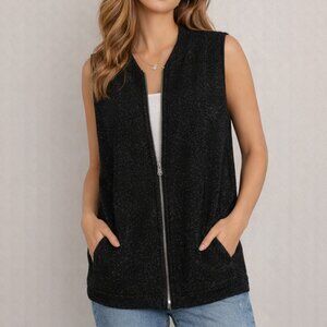 aktuell NWOT Black Sleeveless Cardigan, Zip Up Vest Silver Thread Medium